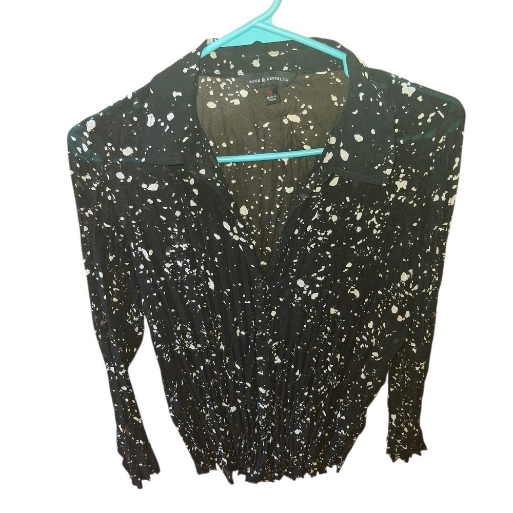 Rock & Republic Medium L/S Crinkle Pleat Blouse Button Cuff Roll Up Sleeve Black